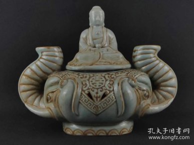 民国时期"福建会馆游长子造"青釉双象卧佛团寿薰香炉,保存完整无磕碰