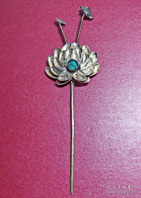 老古董纯银器老银鎏金镶嵌绿料蝶恋花卉状发簪民国期真品旧货物件首饰
