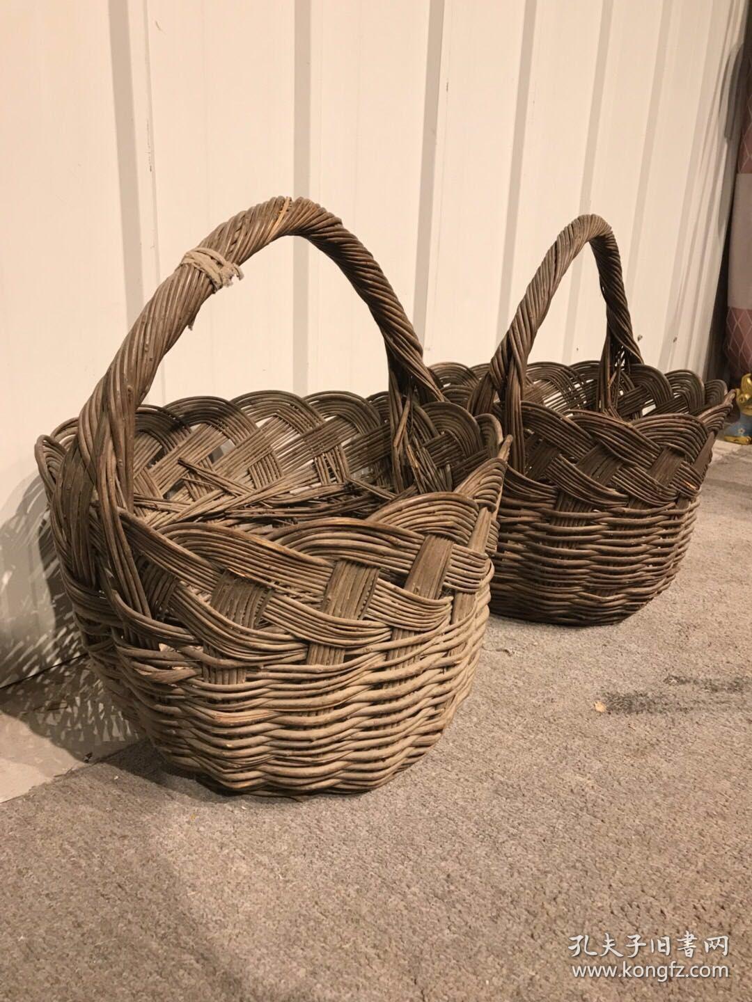 民俗老物件纯手工编织提篮一对