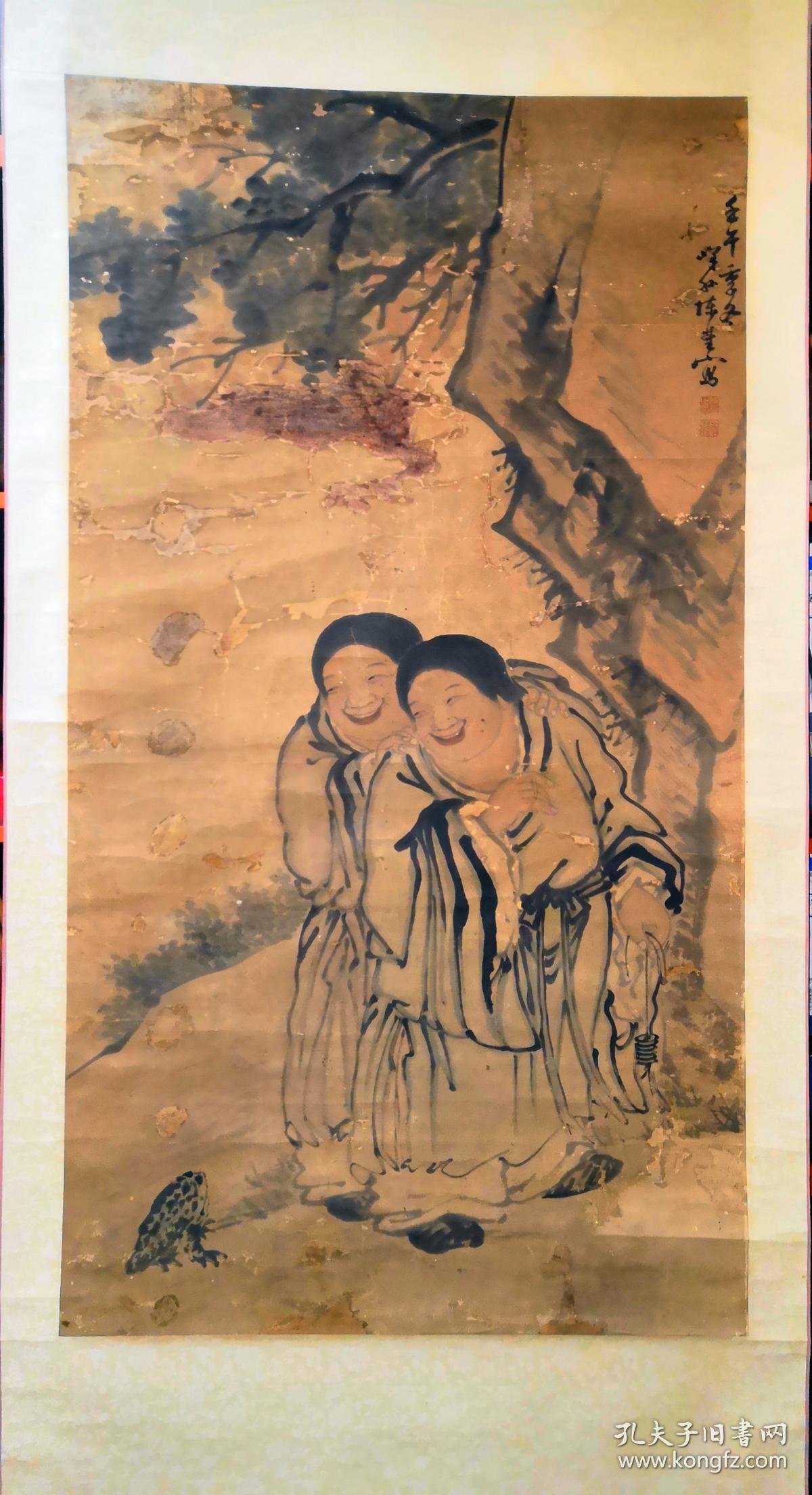 清朝陈荃原装老裱人物立轴和合二仙