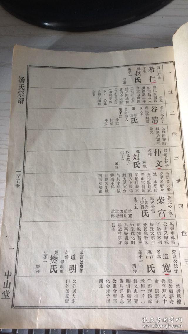 中山堂汤氏宗谱卷十一孝感义阳城桃林岗希仁公一至五世世凤公支之权公