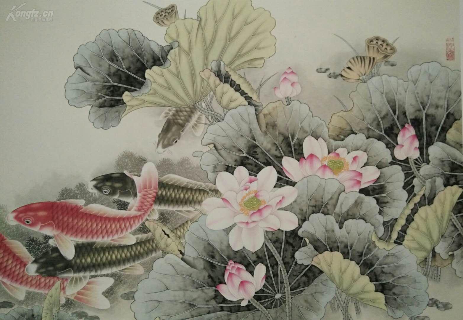 路雨年纯手绘荷花鱼四尺作品