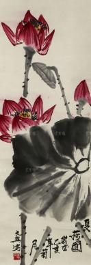 著名画家、中国艺术家书画研究会理事 刘文兴 1995年 水墨画作品《夏荷图》一幅（纸本立轴，钤印：墨弘） HXTX113270