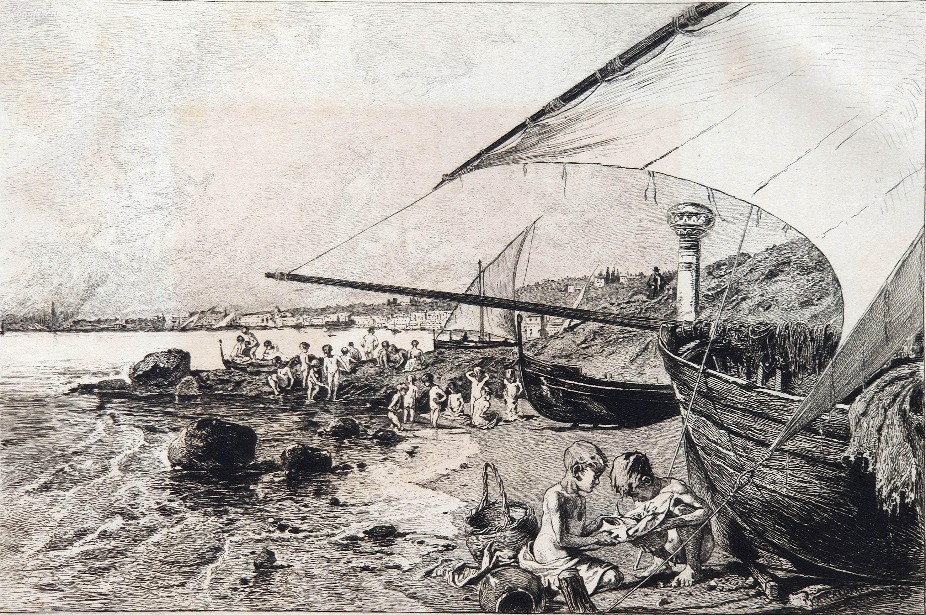 "大英博物馆藏画"1880年法国蚀刻铜版画《那不勒斯的海岸》—法国画家