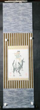 110r13【日本回流】原装旧裱 日本印刷工艺品《牧牛童子图》一轴（绢本印刷，画芯尺寸：32*22cm！）