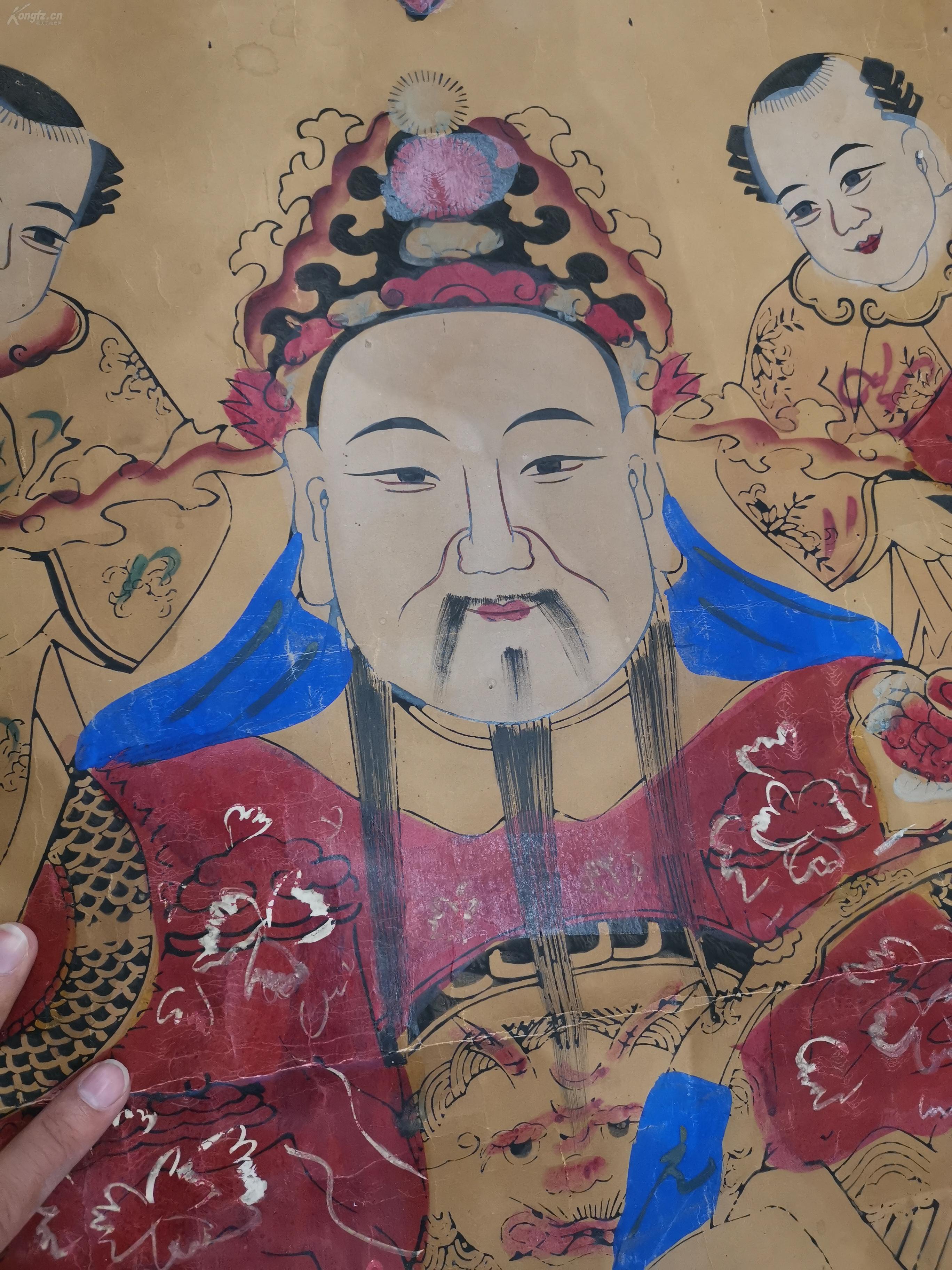 半画半印,清末民国《财神画,身旁四神,分别捧着招财童子至,利市仙官