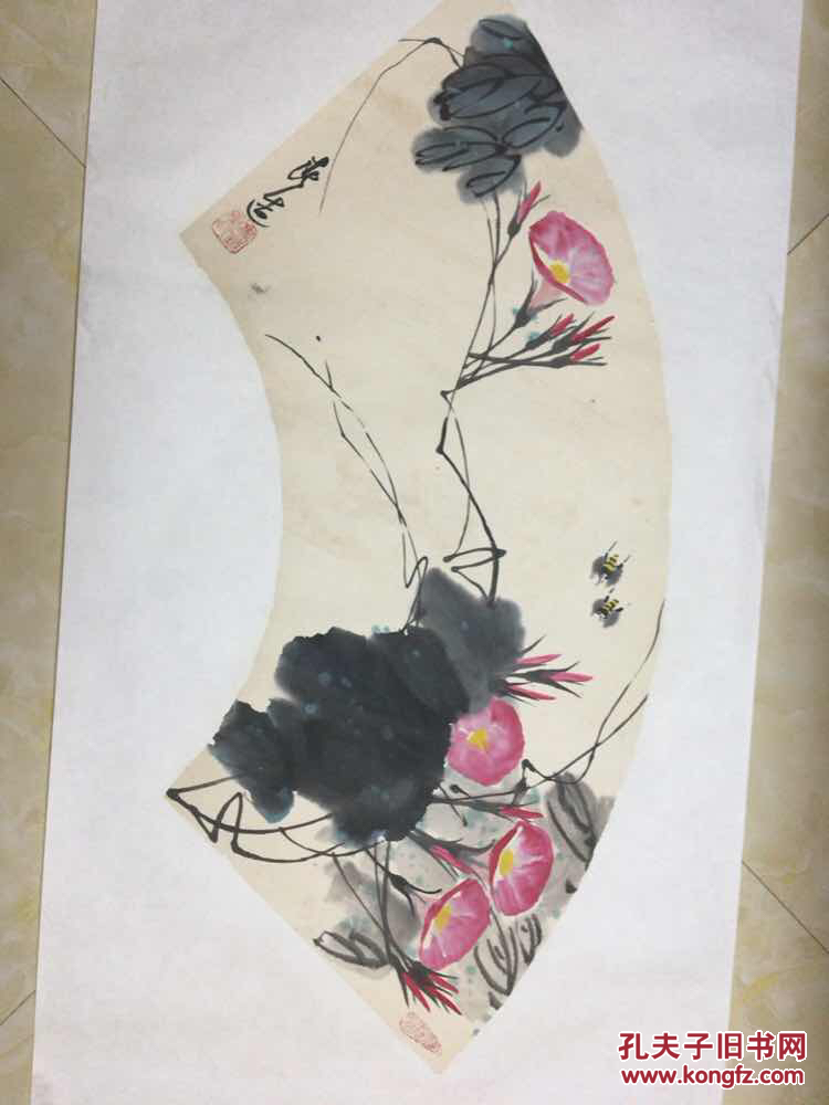 李春造精品牵牛花扇面一张【保真】