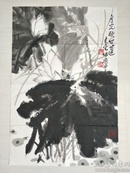 北京画院著名老画家-田零精品绘画墨荷1幅.月光映白莲。尺寸67cmx45cm