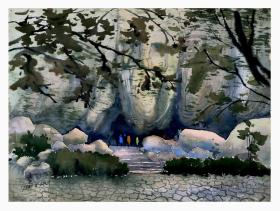 杨景更《山中听瀑》双面水彩 37×50cm 1980年