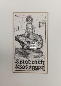 奥地利早期木版画藏书票大尺寸木刻家Switbert Lobisser书上男孩