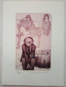 捷克酸刻铜版画藏书票中年男子与两姑娘