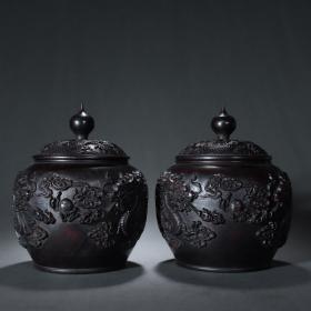 舊藏-小葉紫檀木“雙龍戲珠”蓋罐一對