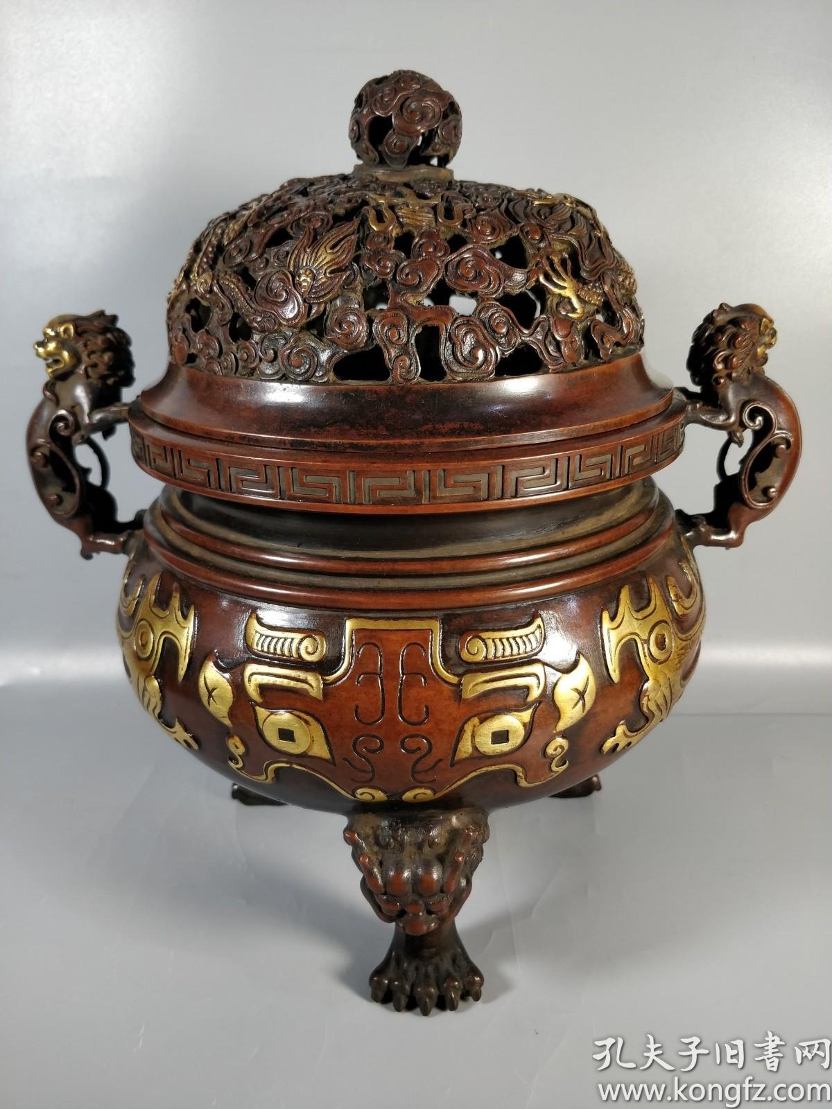 紫铜浮雕鎏金熏香炉,重6210克