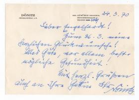希特勒指定接班人 二战德国杰出的海军将领，著名的军事家、德国总统、 邓尼茨（Karl Doenitz）1970年亲笔信 JSA鉴定