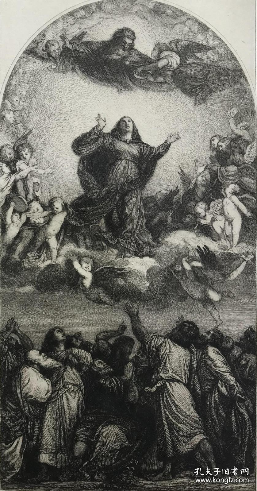 19世纪晚期蚀刻铜版画《virgin升天》—西方油画之父,意大利文艺复兴