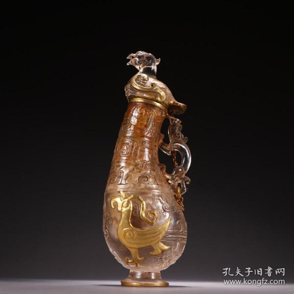 舊藏 老琉璃包金鳳鳥紋酒壺。