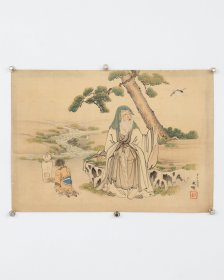 日本回流字画 1834年 光峨 筆 《松鶴人物圖》名家手绘真迹 挂画