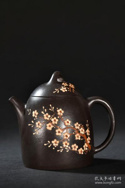 舊藏 紫砂黑金剛梅花紋茶壺