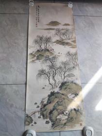 清末青绿山水人物诗词图中堂画