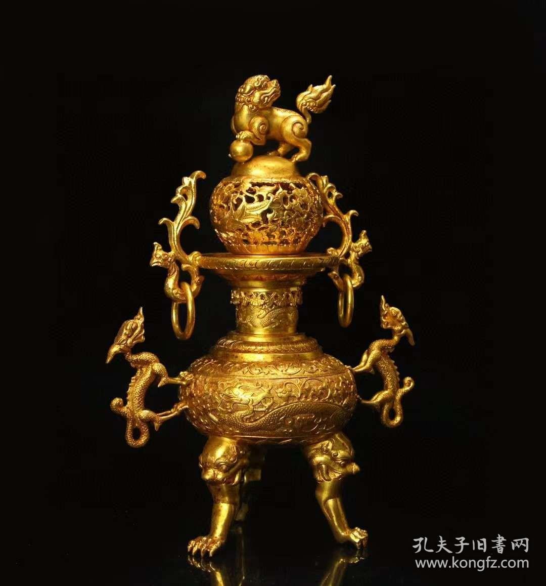 珍藏唐代鎏金双龙熏炉纯手工打造攒刻工艺精湛器型规矩大器做工精细