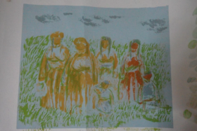 322★669號中央美院學生艾熱帕提絲網版畫作品：族人40*50cm，唯一壁畫手繪畫裝飾畫
