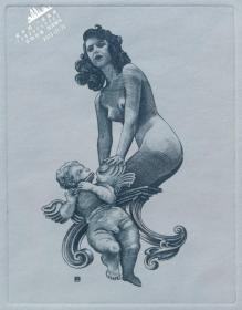 奥地利艺术家“Milo Bernas”蚀刻人体藏书票—《裸女 丘比特》签名