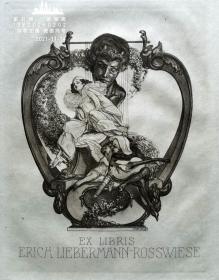 “奥地利风月大师”拜劳斯（Franz von BAYROS）腐蚀凹版藏书票 —《裸女，天使与吉他手》