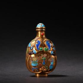 舊藏 銀鎏金燒藍清供圖鼻煙壺