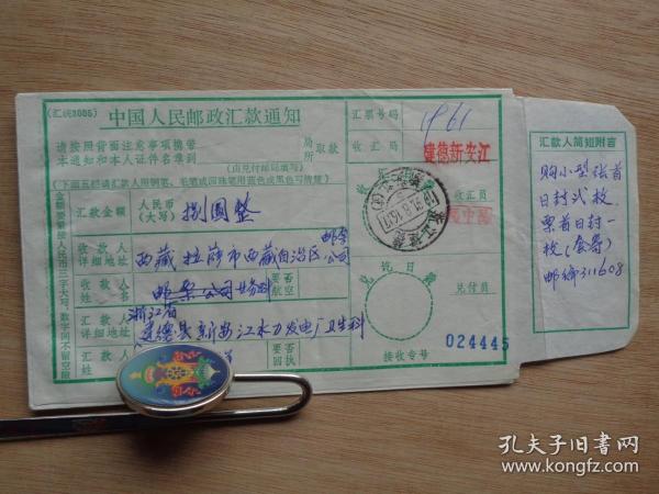 中国人民邮政汇款单 浙江建德新安江至拉萨邮票公司购买邮资票品1991出版