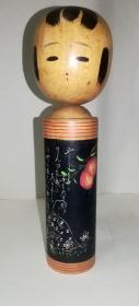 日本传统木芥子（こけし） 手绘画题诗  薕村作 通高20厘米  老旧