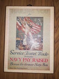早期美国海军征兵海报 HAILING YOU for U.S. NAVY 塑料画 镶嵌在木板上 铜制挂环 净重1.8公斤