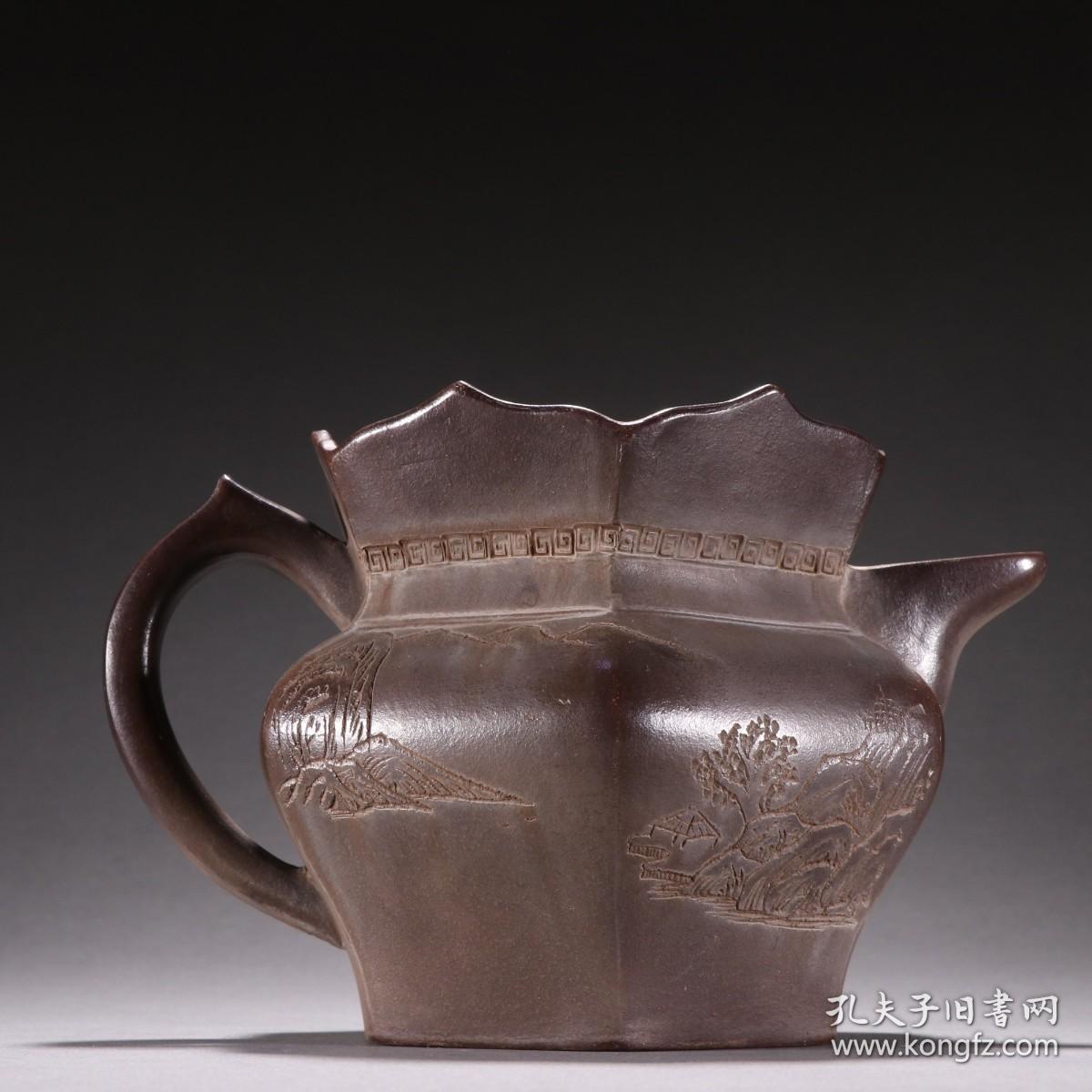 顾景舟款 老紫砂刻山水诗文僧帽壶