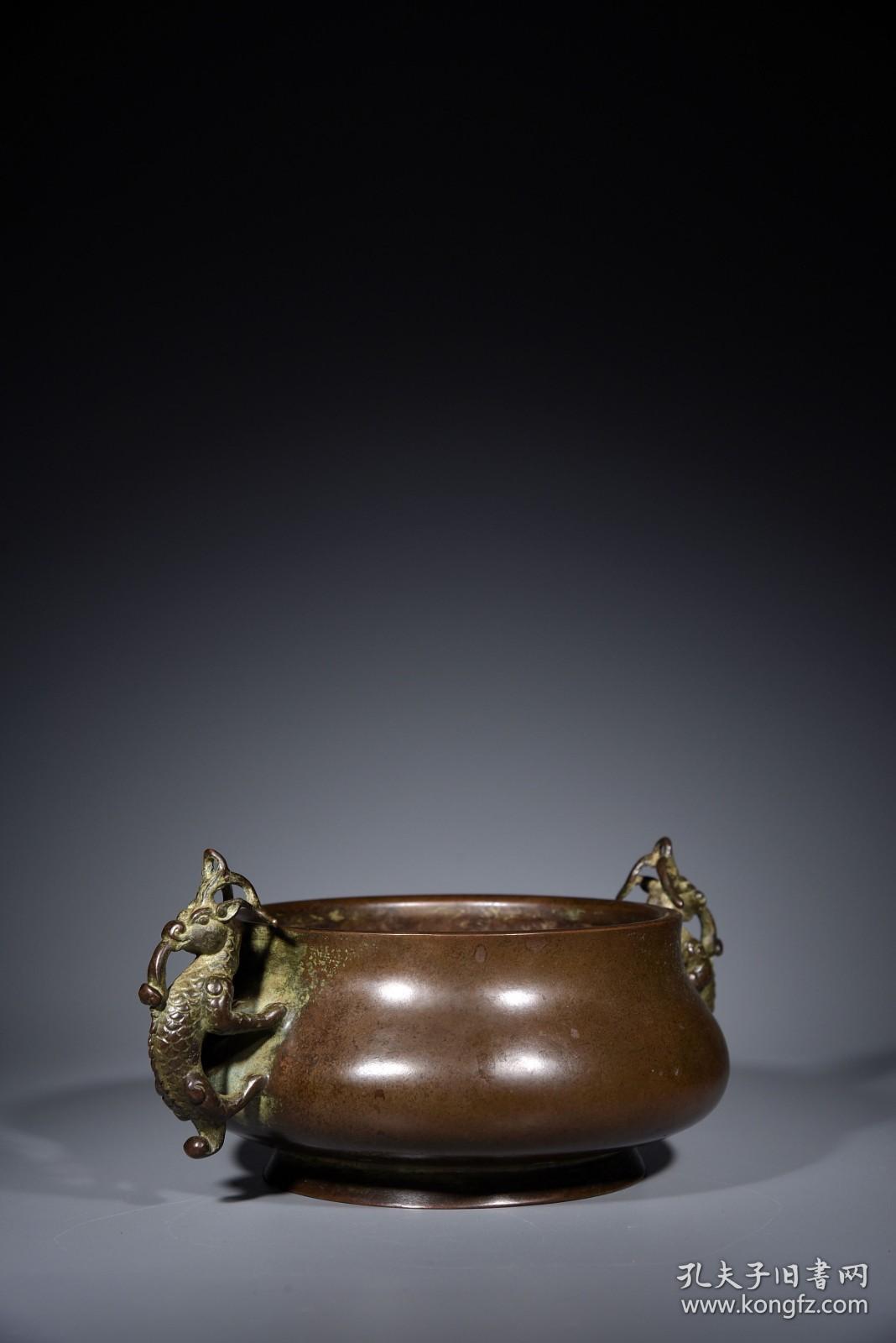 精品"陈巧生制"精铸铜胎双瑞兽耳铜炉