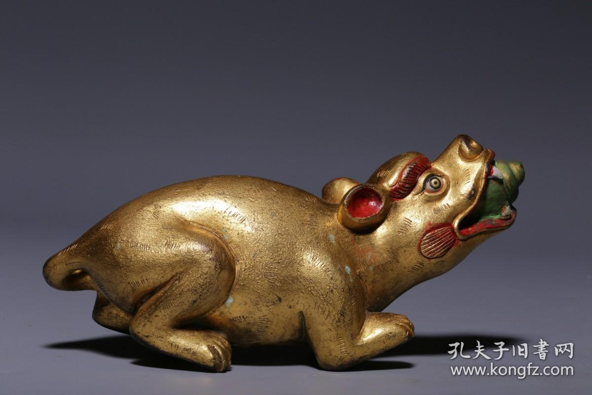 清代铜鎏金玲珑吐宝鼠摆件一对