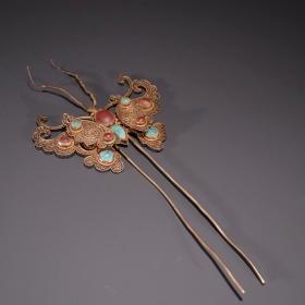舊藏·銀鎏金鑲百寶蝴蝶型發簪