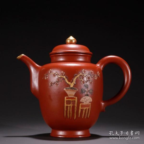 舊藏·貢局款紫砂描金博古紋茶壺
