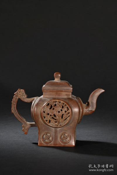 舊藏 紫砂雙層鏤空雕梅花紋茶壺