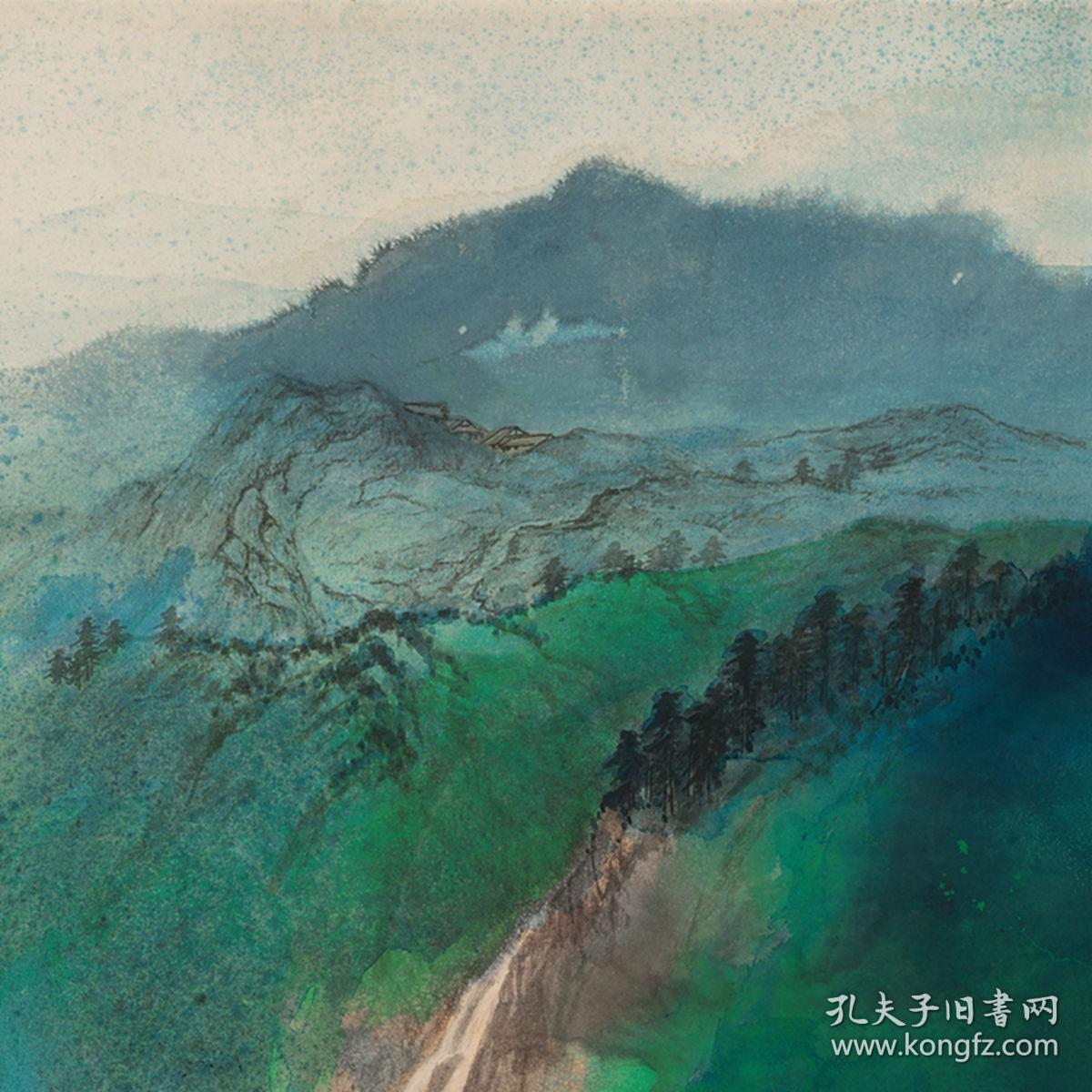 近现代  张大千-谷口人家图镜心  尺寸85×176.