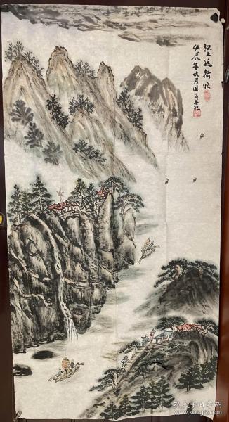 畫家孫國生老師手繪山水作品（畫片有塊裂口）尺寸137公分×69公分