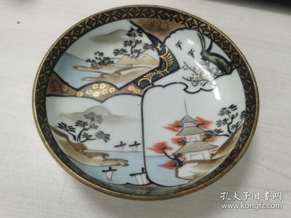 日本購回：日本茶道具--老九谷風景描金彩繪、壺承，底款在銘（加賀九谷，老物件，百年以上、看好再拍，售出不退不換）