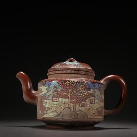 舊藏 老紫砂堆雕加彩山水紋壺。