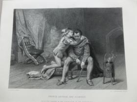 【百元包郵】《亞瑟王子和休伯特》（PRINCE ARTHUR AND HUBERT） 1873年 鋼版畫  源自藝術日志 倫敦文切公司出品  紙張尺寸約31.2×23.5厘米  出自莎士比亞作品  英國畫家 拉斯萊特·約翰·波特（ Laslett John Pott1837 - 1898）的作品，雕刻師: 大衛·約瑟夫·德瓦謝(D.I. DESVACHEZ)