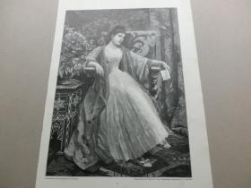 【百元包邮】1897年，木刻版画《伤感的少女》（Schlimme Neuigkeit），纸张尺寸约41×28厘米。出自比利时画家，拉斐尔·詹内蒂（Carl Nys，1858–？）的油画作品