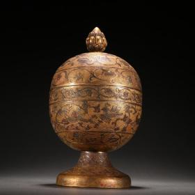 舊藏 銅鎏金花鳥紋供器。