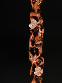 旧藏.黄杨木镂空雕刻缠枝形嵌寿山石花朵笔架