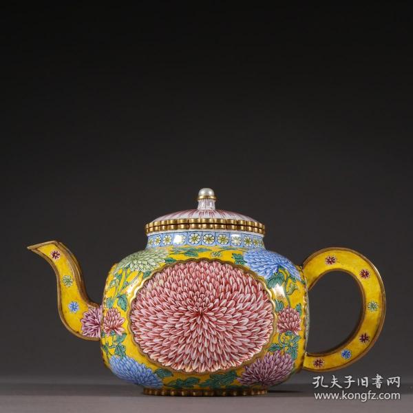 回流 銅胎畫琺瑯花卉紋茶壺。