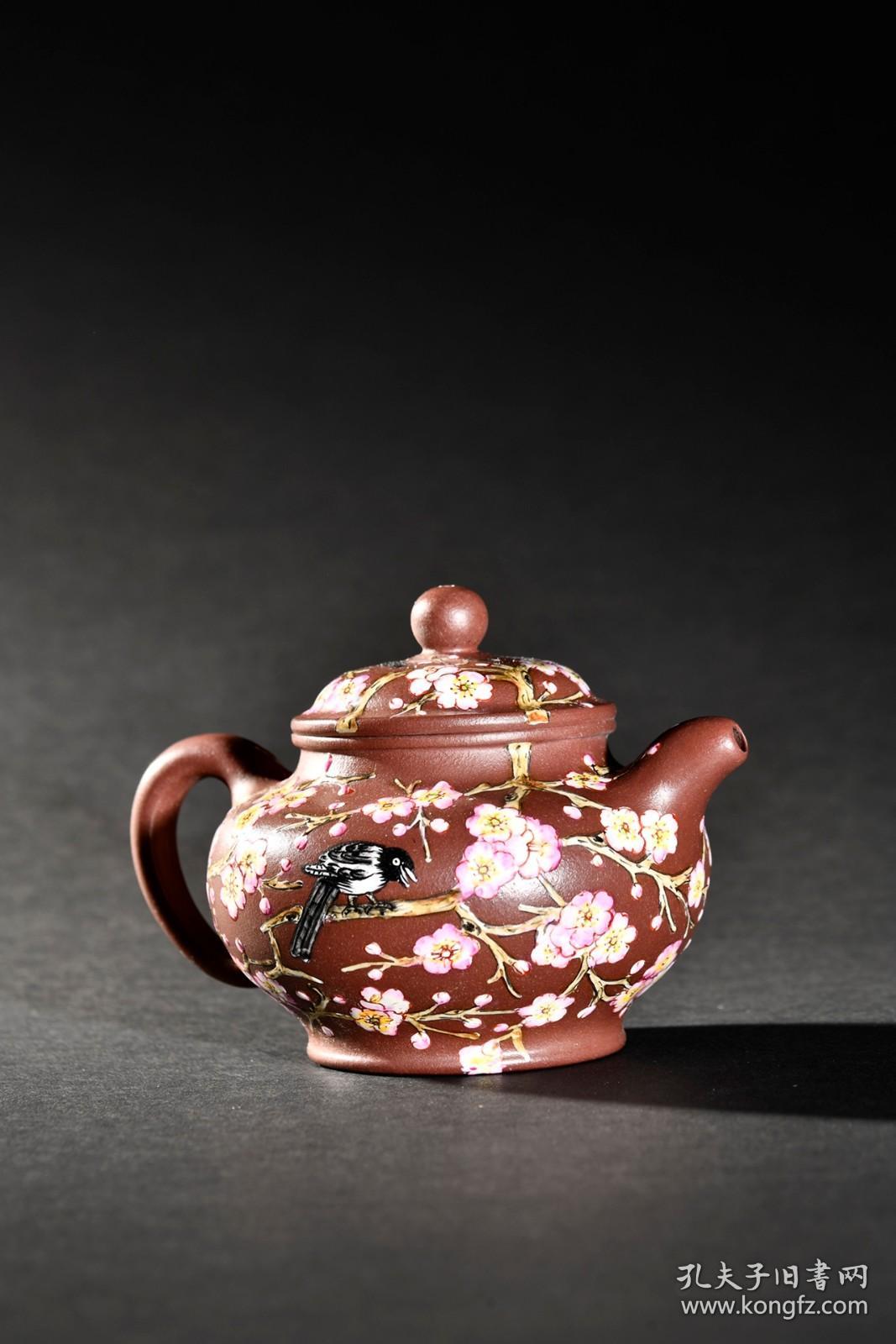 旧藏 "冯桂林"款 紫砂珐琅彩喜上眉梢茶壶