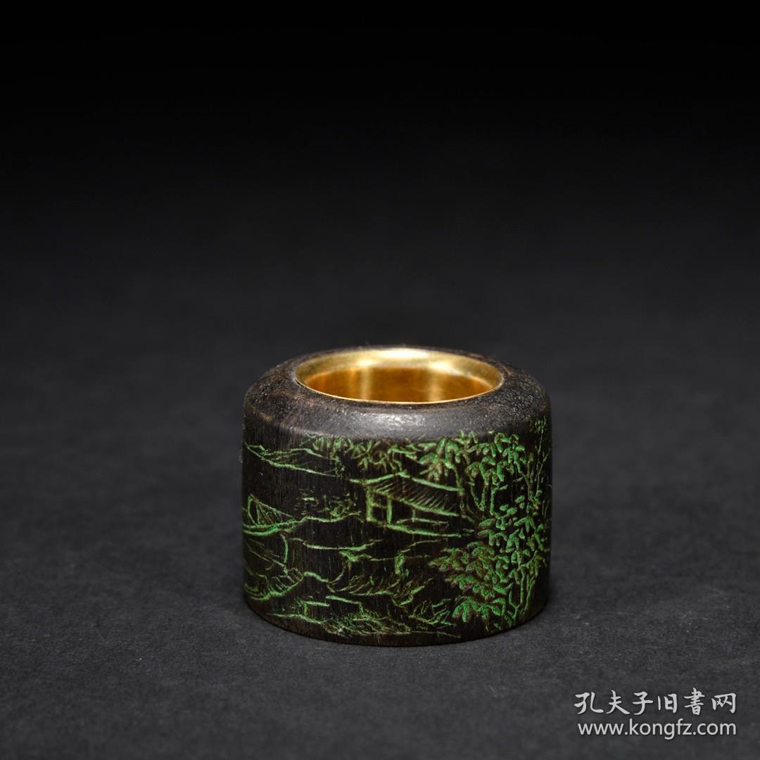 旧藏汪藩款沉香刻山水人物包金扳指