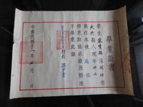 孔网首现-罕见民国时期北平市立第十区中心国民小学《毕业证书》内有鲜章、民国三十八年七月-尊夹2-3（7788）