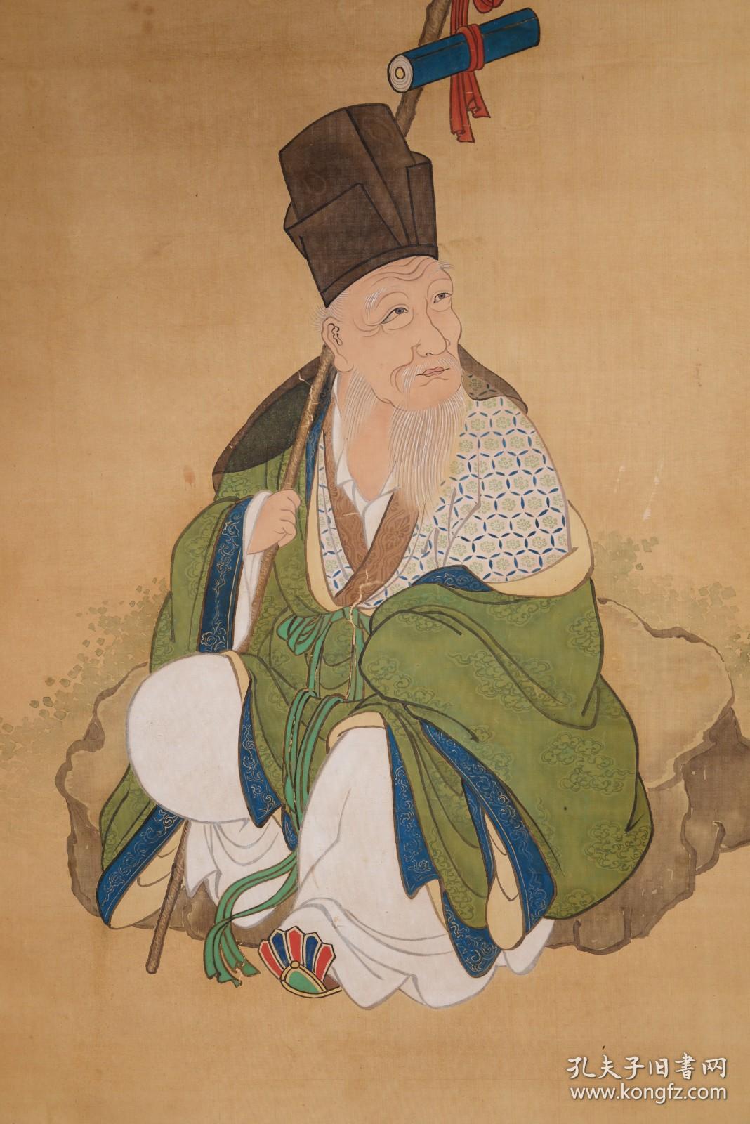 日本南极仙翁绢本立轴金粉勾绘保存较好大尺寸